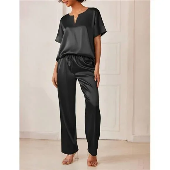 Women's Silk Satin Pajama Set V-Neck Short Sleeve Shirt Long